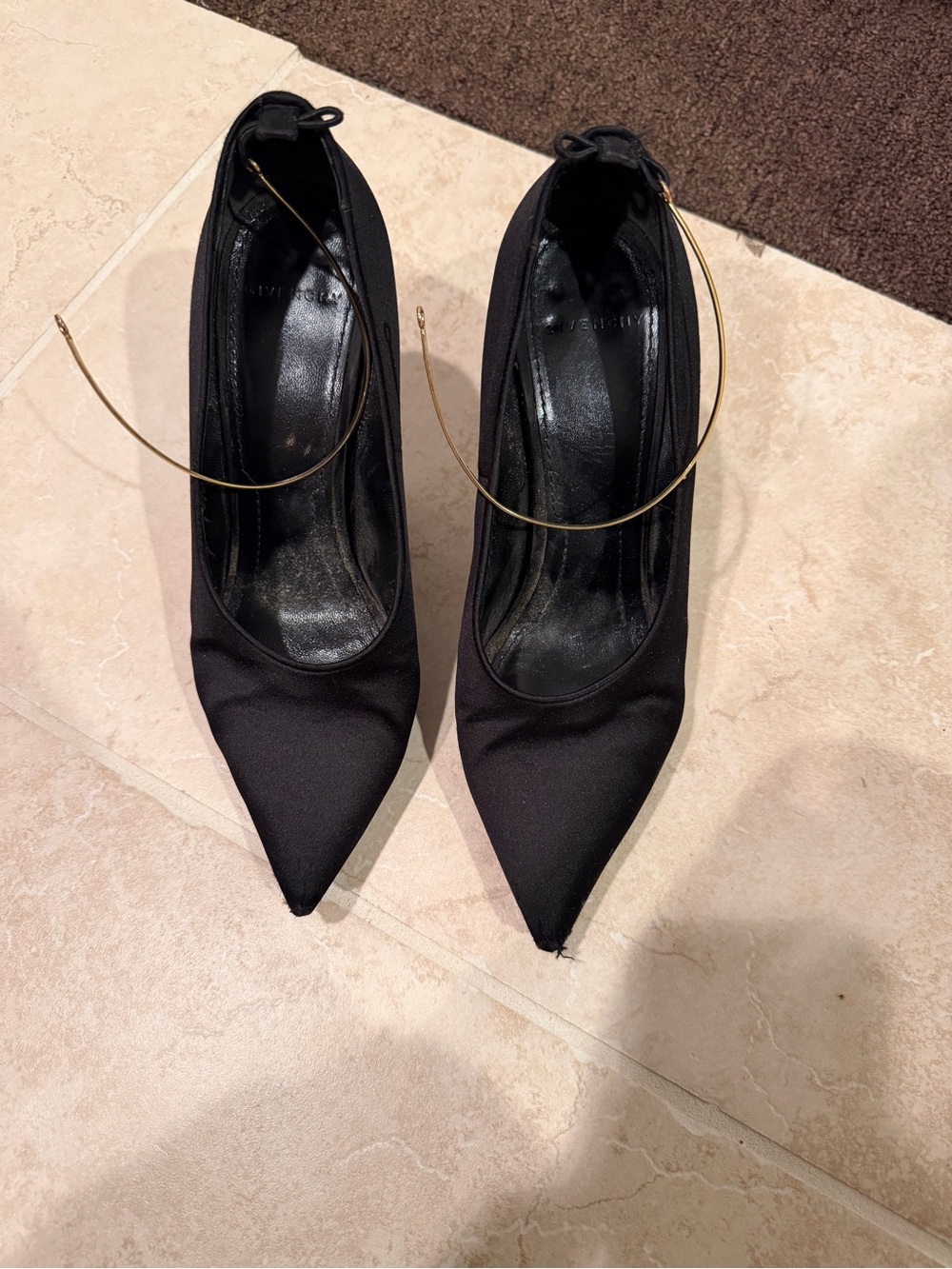Givenchy Black Satin Pointed-Toe Heels with Gold Ankle Hoops